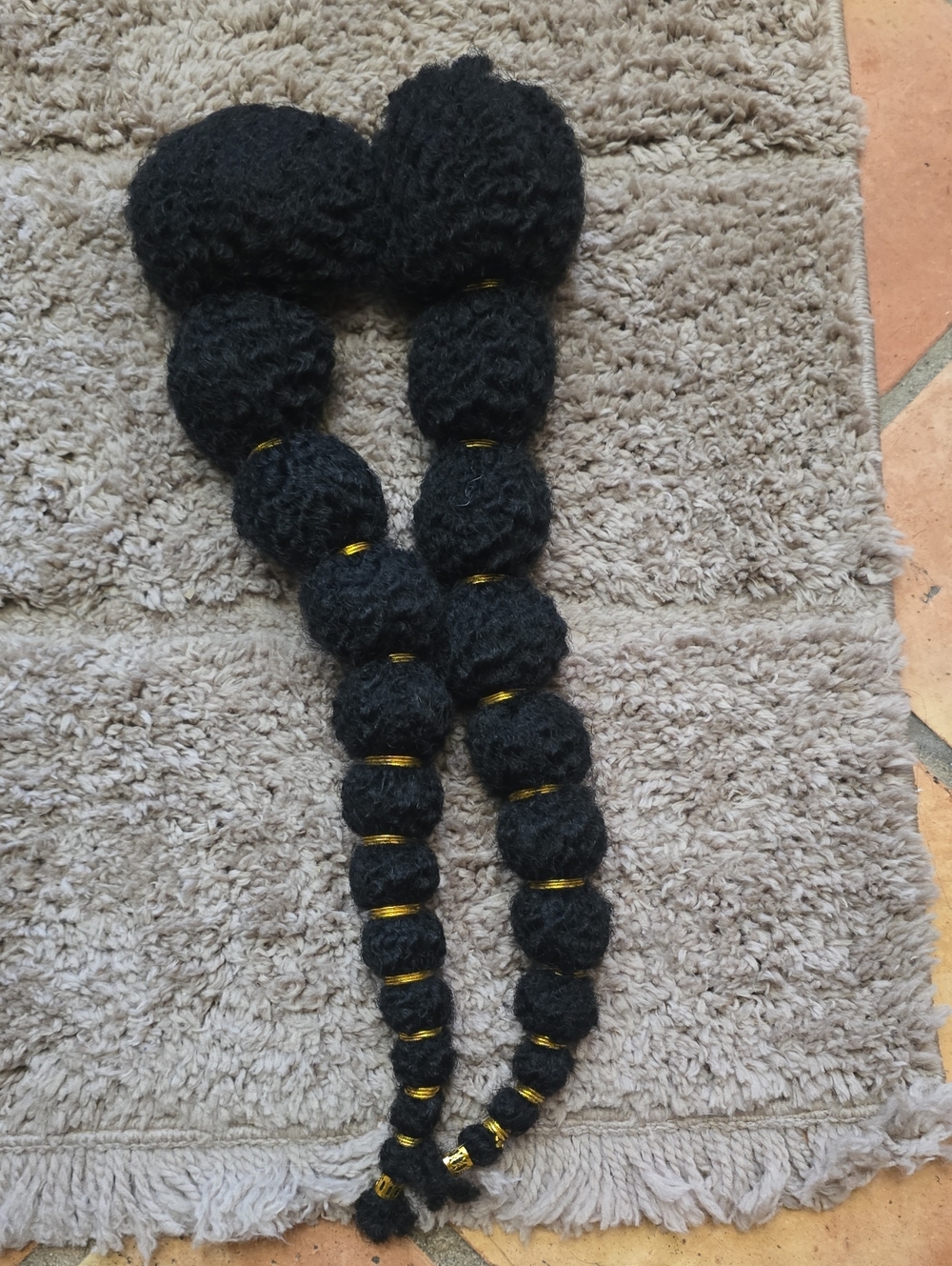 Black Textured Drawstring Pom Pom Ponytail